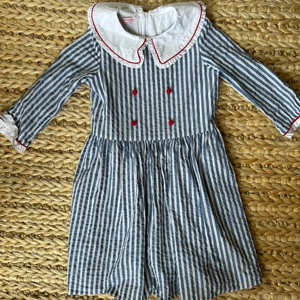 La Coqueta Striped Blue and White Kids Dress with Red Accents 8y